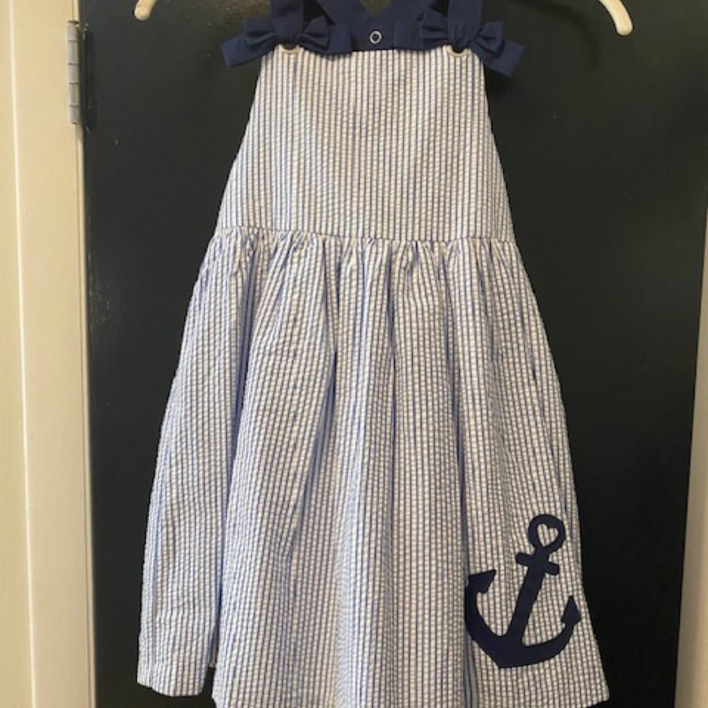 GIRLS TAHARI SEERSUCKER ANCHOR DRESS, SIZE 8